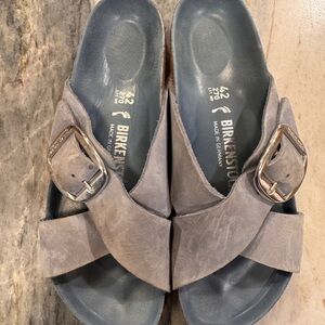 Birkenstock Taupe Suede Sandals with Silver Buckles